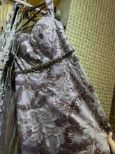 Twilight Charisma: Purple & Silver Off-Shoulder Mermaid Dress with Sequined Floral Appliques