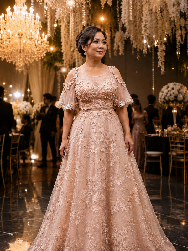 Peach Blossom Princess: Light Pink Off-Shoulder Princess Dress with Short Sleeves