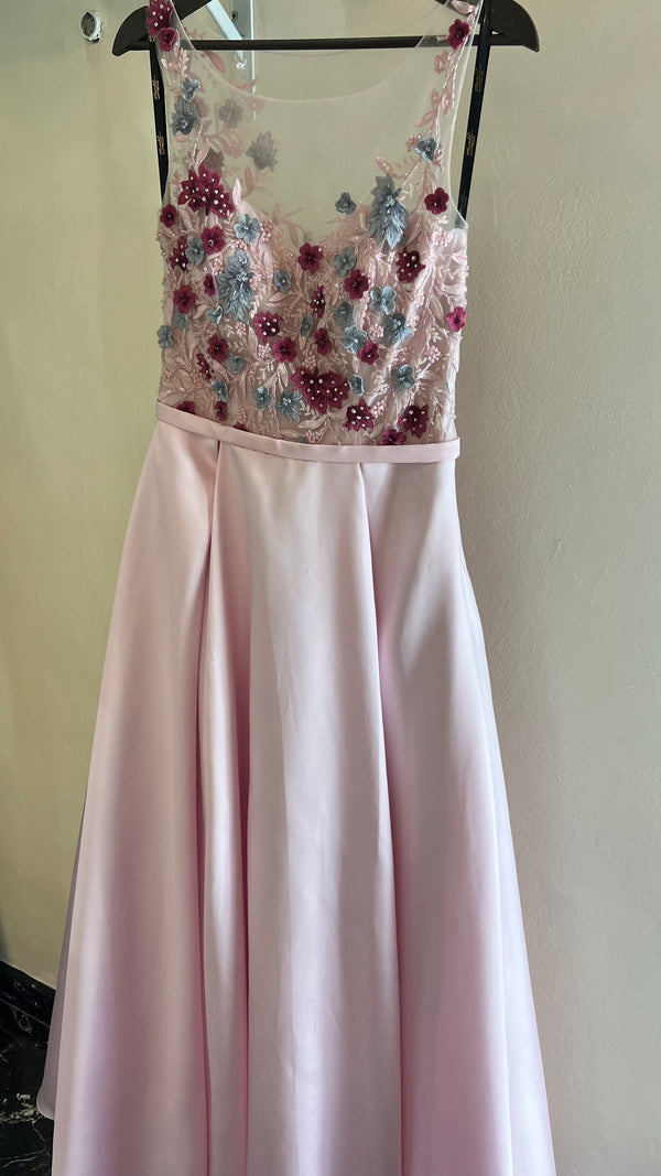 Whimsical Blush: A-Line Satin Dress with Floral Embellishments