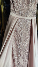 Blushing Elegance: Light Pink Mermaid Dress with Lace, Gems, Pearls, and Princess-like Flowing Skirt