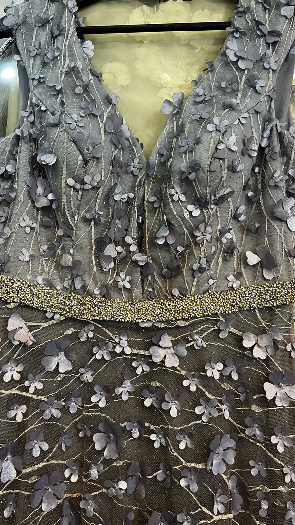 Shimmering Silver Blooms: A-Line Gray and Silver V-Neck Dress