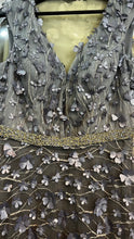 Shimmering Silver Blooms: A-Line Gray and Silver V-Neck Dress