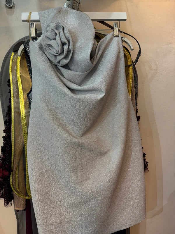 Sparkling Grey Rose Shoulder Mini Dress