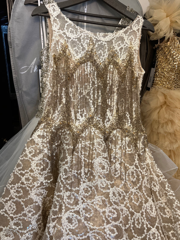 Golden Glamour: Midi Dress with Chain Accents, Lace Bodice, and Ruffled Hem