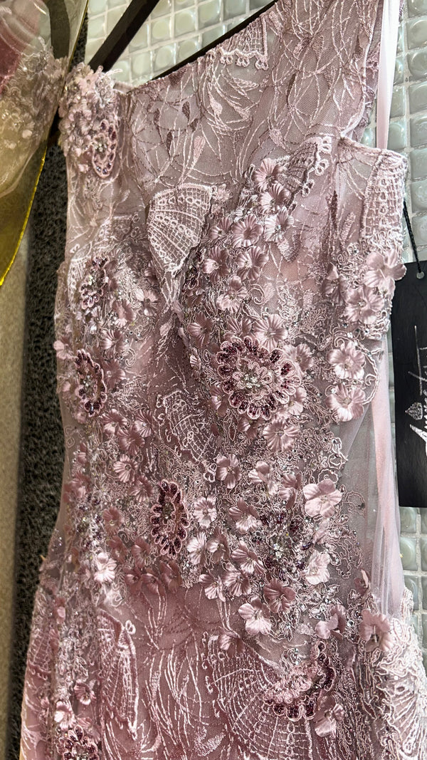 Whispering Rose Elegance: Vintage Pink Mermaid Dress with High Neck Lace