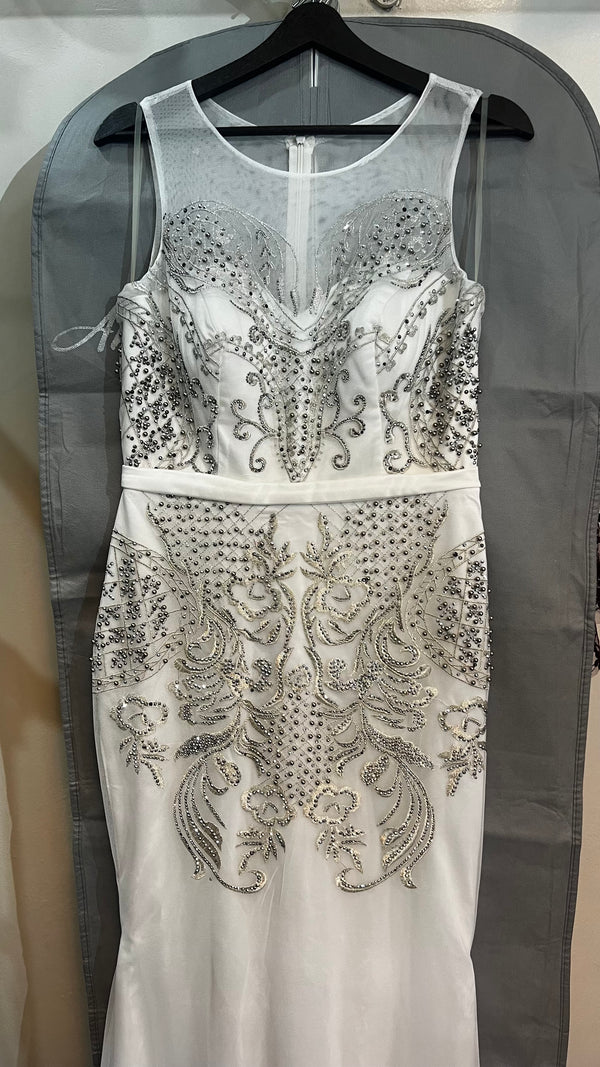 Silver Sea Siren: White Mermaid Dress with Silver Embellishments