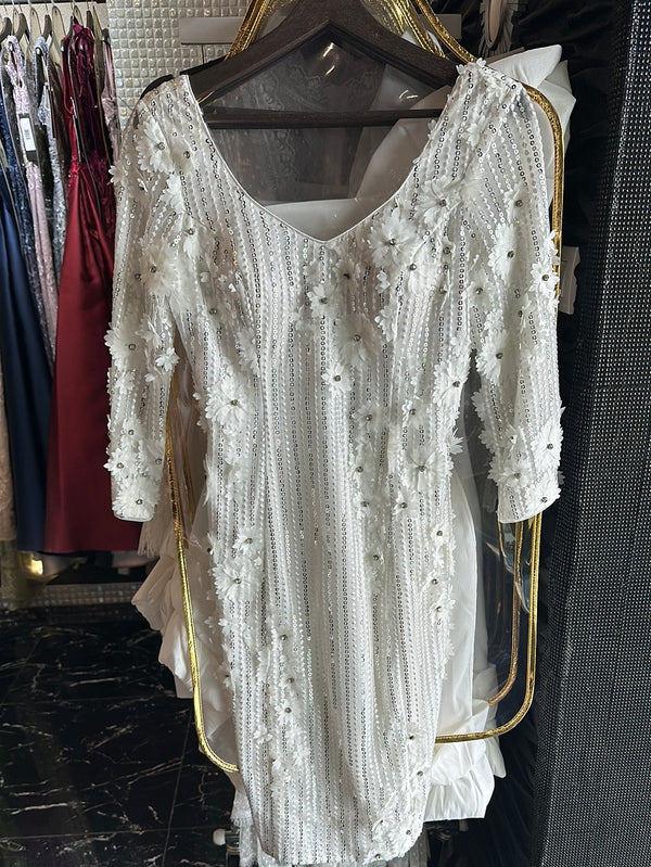 Flower Power: White Knee-Length Dress with 3D Flowers