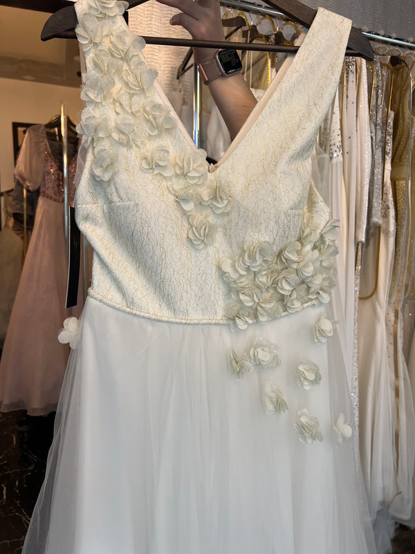 Gilded Blossom: White Chiffon A-Line Dress with 3D Scattered Floral Accents