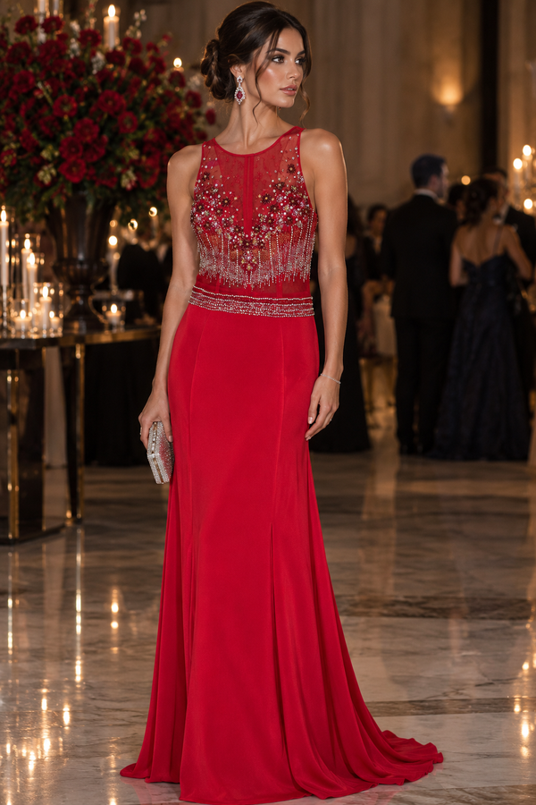 Fiery Elegance: Red Hot Mermaid Dress with Dazzling Embellishments