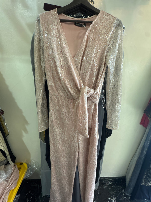 Blushing Lace Jumpsuit: Long Sleeve V-neck