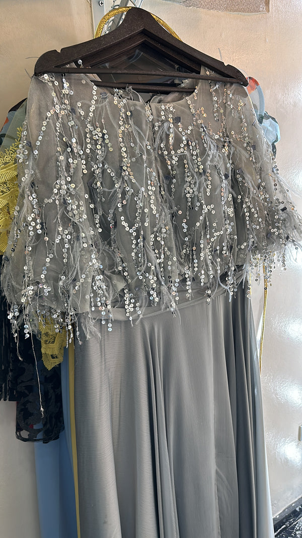 Silver Feathered Glamour: A-Line Satin Dress with Feathered Sleeves