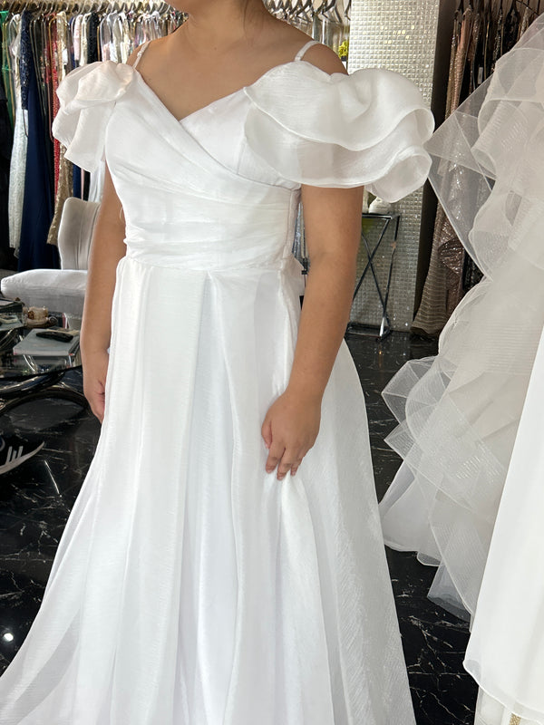 Silver Mist: Off-Shoulder White Dress with Delicate Thin Straps
