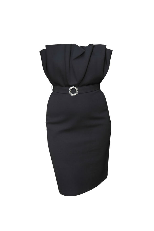 Ruffle and Sparkle: Black Pencil Dress with Chest Ruffles