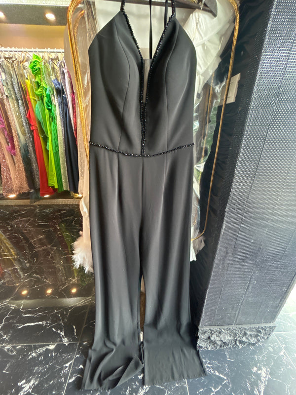 Sparkling Night: Black V-neck Jumpsuit with Shimmering Waistline