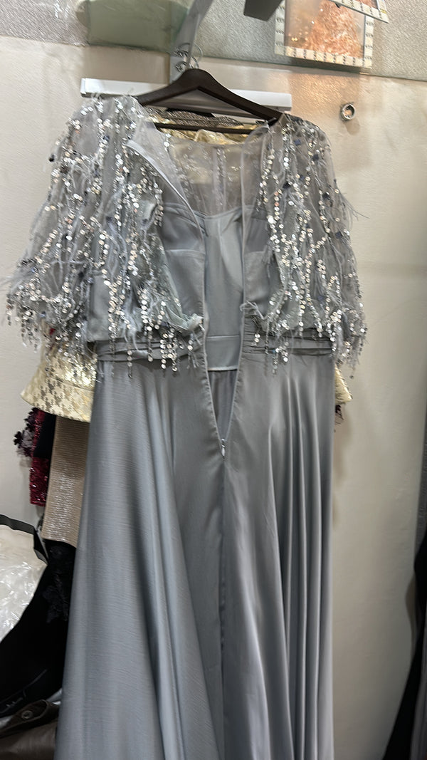 Silver Feathered Glamour: A-Line Satin Dress with Feathered Sleeves