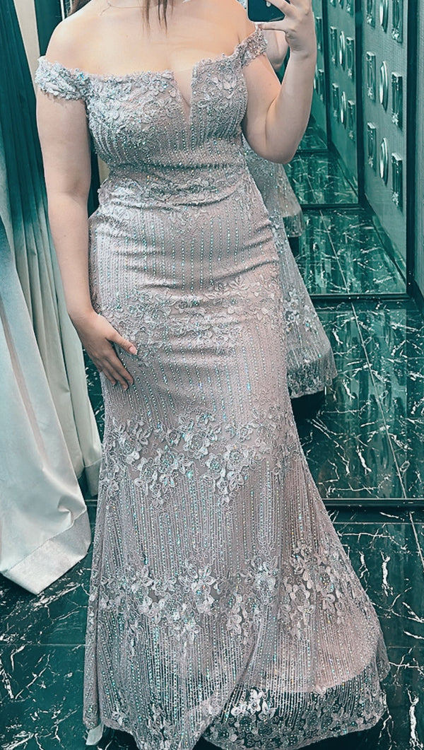 Vintage Blush: Off-Shoulder Light Pink Mermaid Dress with Silver Appliques