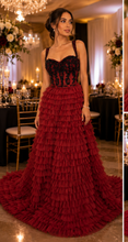 Crimson ruffled elegant gown