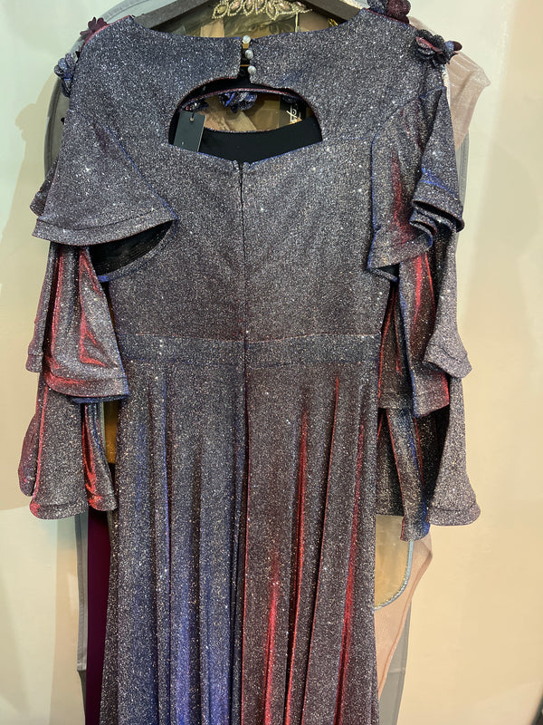 Twilight Sparkle: Iridescent Purple Dress with Ruffled Floral Sleeves