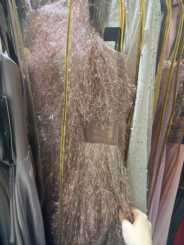 Copper Fiesta: A-Line Halter Neck Dress with Shimmering Copper Piñata Design