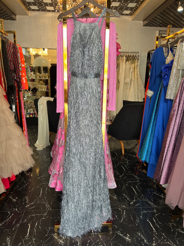 Silver Shimmer: A-Line Halter Neck Dress in Gray/ Silver Piñata Design
