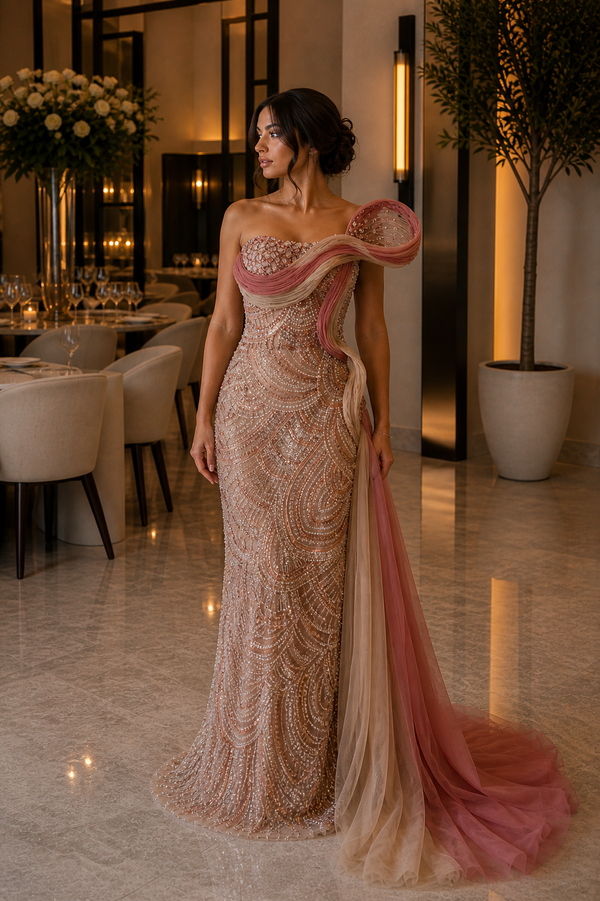 Nude Evening Dress Fitted Beaded Strapless Draped Pink Tulle