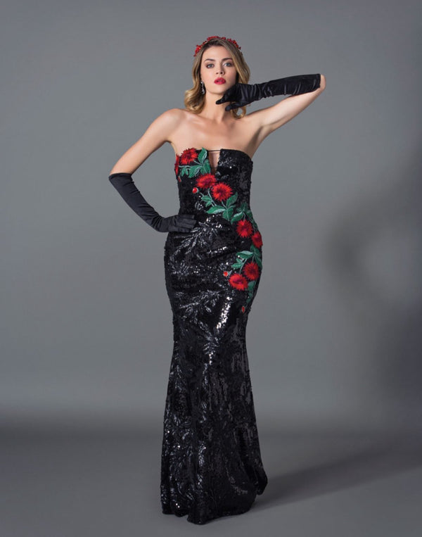 Enchanting Blossoms: Strapless Mermaid Dress with Leaf-Shaped Sequins