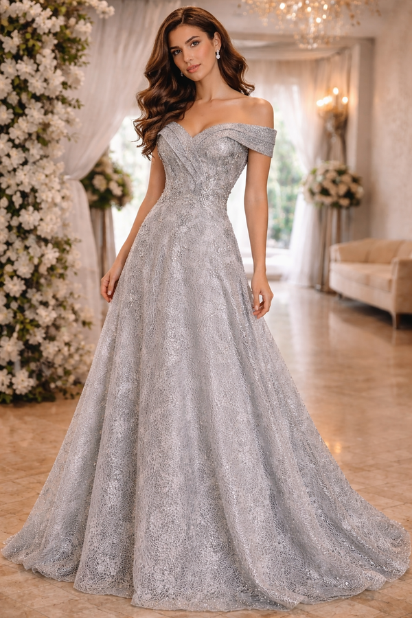 Silver Mist: V-Neck Gray and Silver Lace Dress
