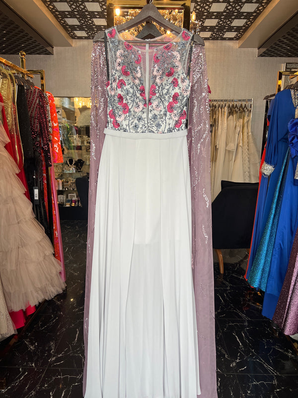 Whispering Petals: Gray Chiffon Dress with Pink Floral Appliques