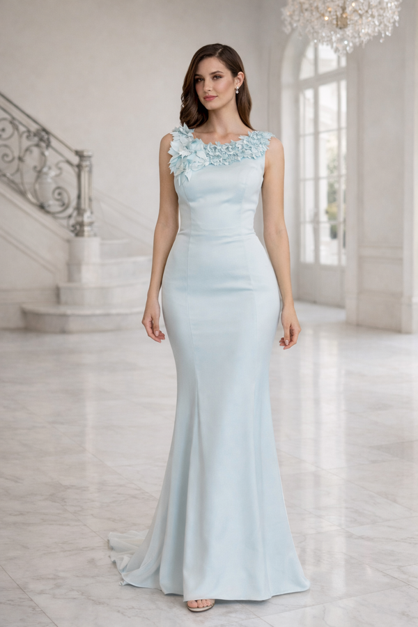 Sky Blue Blossom: 3D Floral Mermaid Dress with V-Back Detail