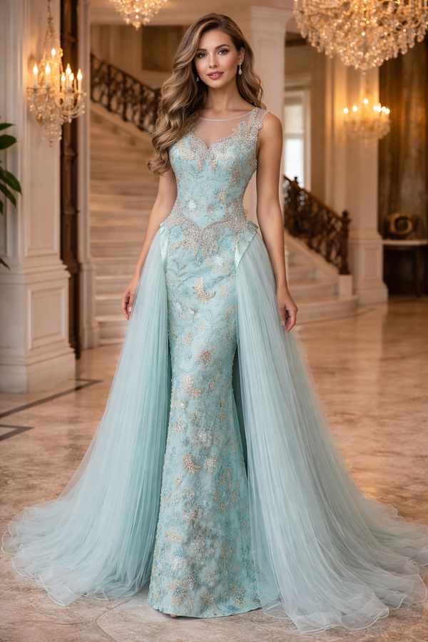 Azure Elegance: V-Neck Light Blue Mermaid Dress with Golden Accents