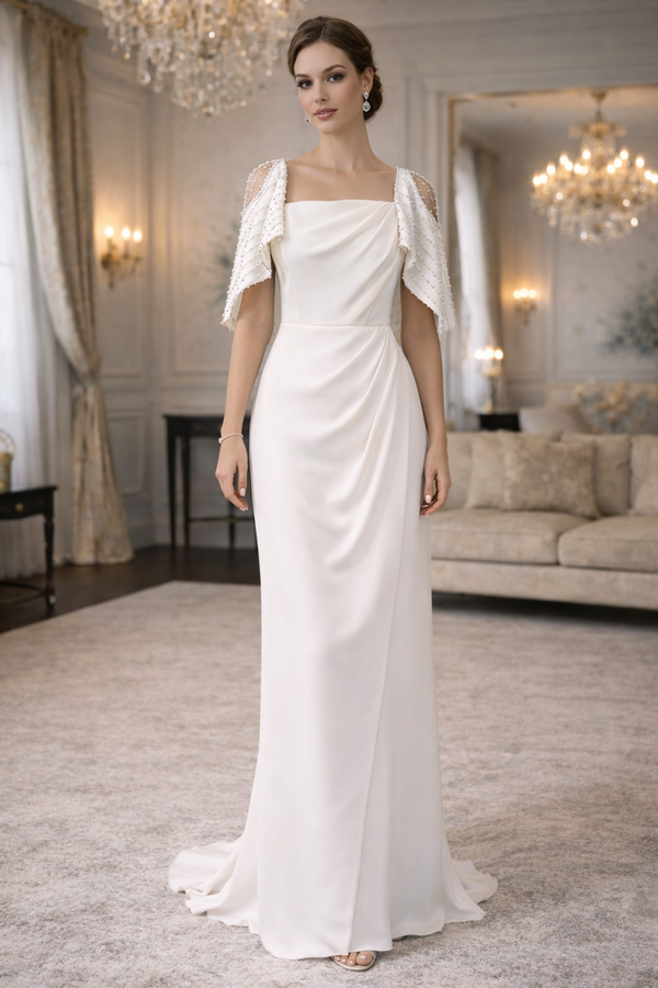 Plain White Dress with Pearled Off-Shoulder Top