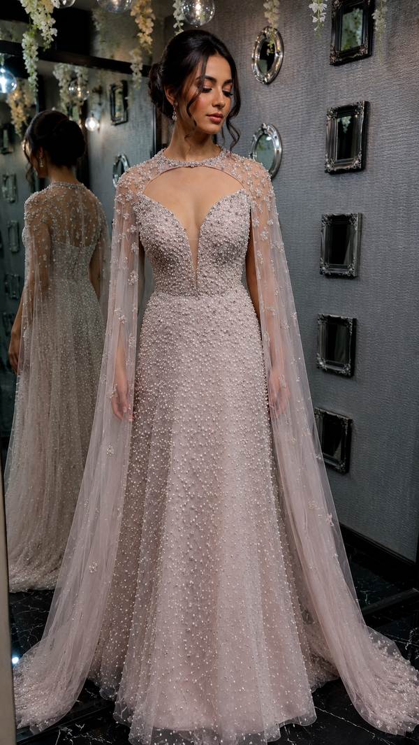 Rosy Crystal Strapless A-line Gown w Cape