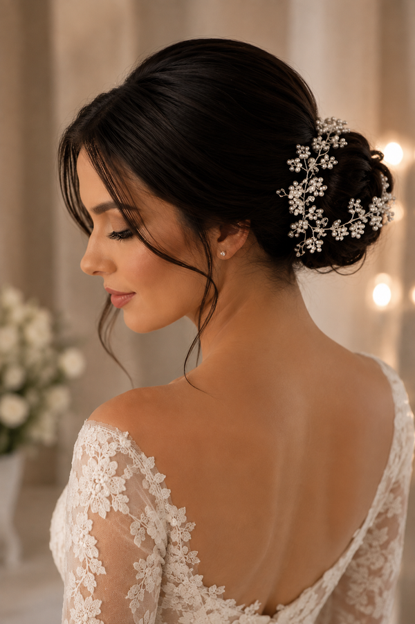 Tocado Flexible de Cristales y perlitas en forma de flores