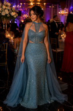 Evening Beaded Sheer Bodice High Neck Dress
