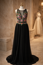 Midnight Blossom: Black Chiffon Halter Neck Dress with Pink and Red Flower Appliques