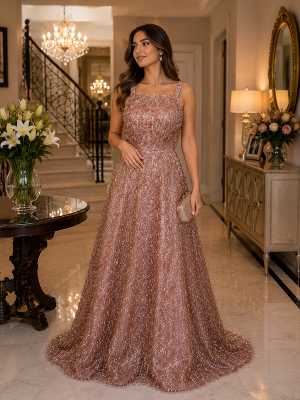 Copper Fiesta: A-Line Halter Neck Dress with Shimmering Copper Piñata Design