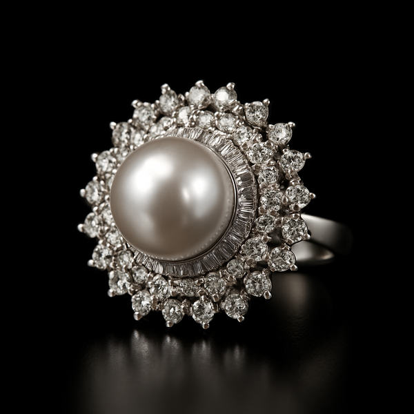 Anillo rodium con zirconas y perla