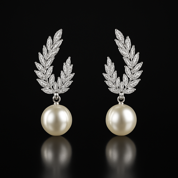 Aretes Plateados de Hoja con Perla