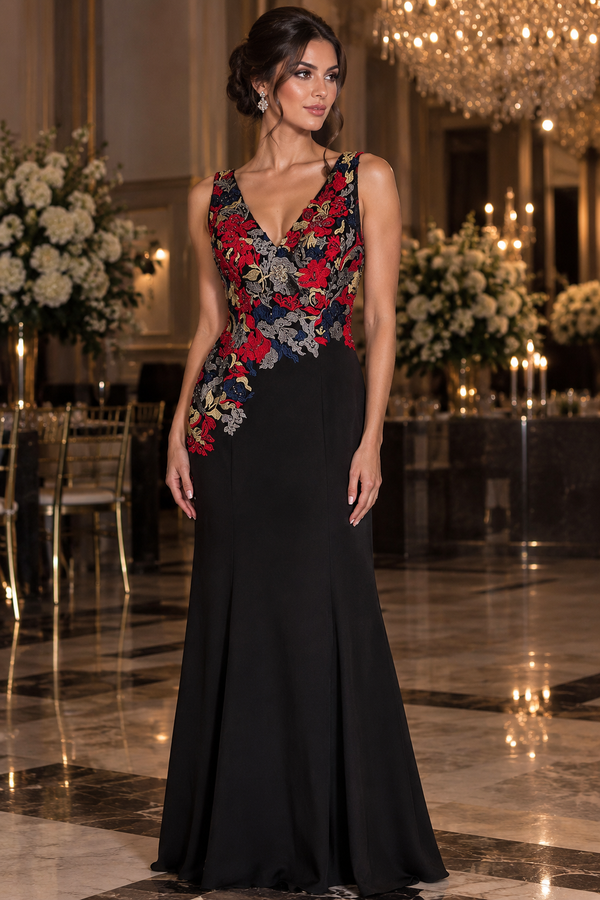 Mermaid Black Elegance Dress with Vibrant Red Floral Accents