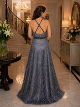Silver Shimmer: A-Line Halter Neck Dress in Gray/ Silver Design