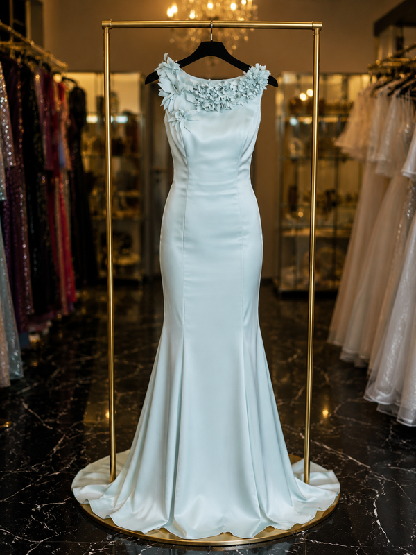 Sky Blue Blossom: 3D Floral Mermaid Dress with V-Back Detail