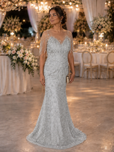 Stellar Silver Mermaid Dress: Closed Neckline & Short Fringed Sleeves