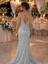 Stellar Silver Mermaid Dress: Closed Neckline & Short Fringed Sleeves