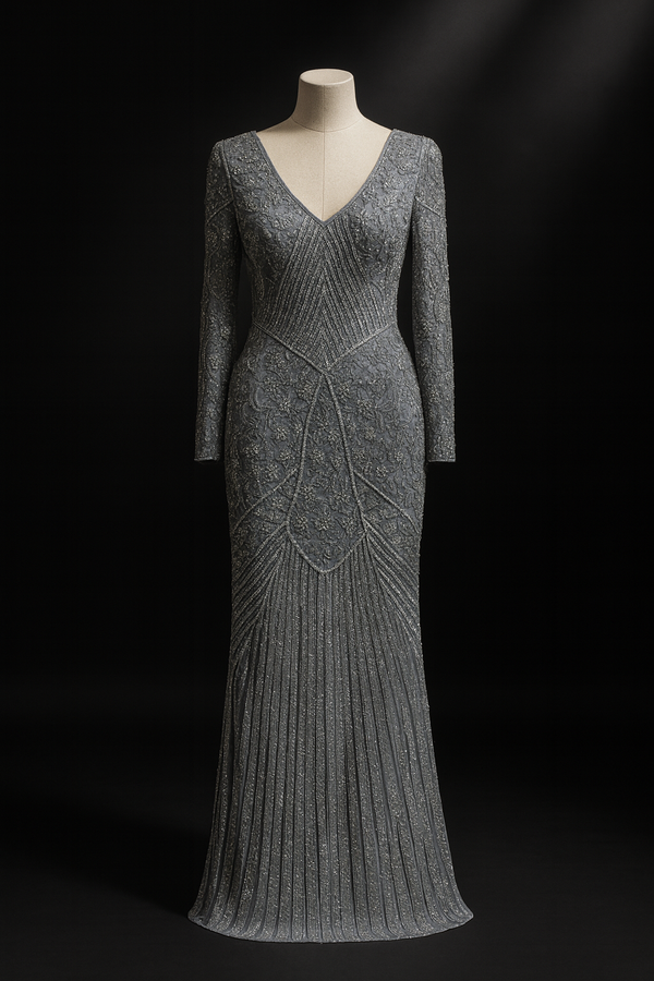 Abstract Grey V-neck Long Sleeve Dress