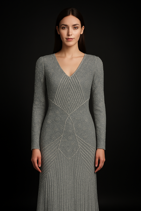 Abstract Grey V-neck Long Sleeve Dress