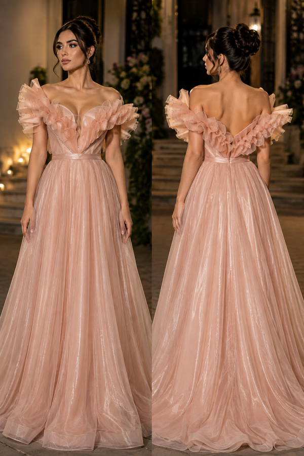 Whimsical Pink Charm: Vintage Rose Dress with Sparkling Ruffled Sleeves and Chiffon Skirt
