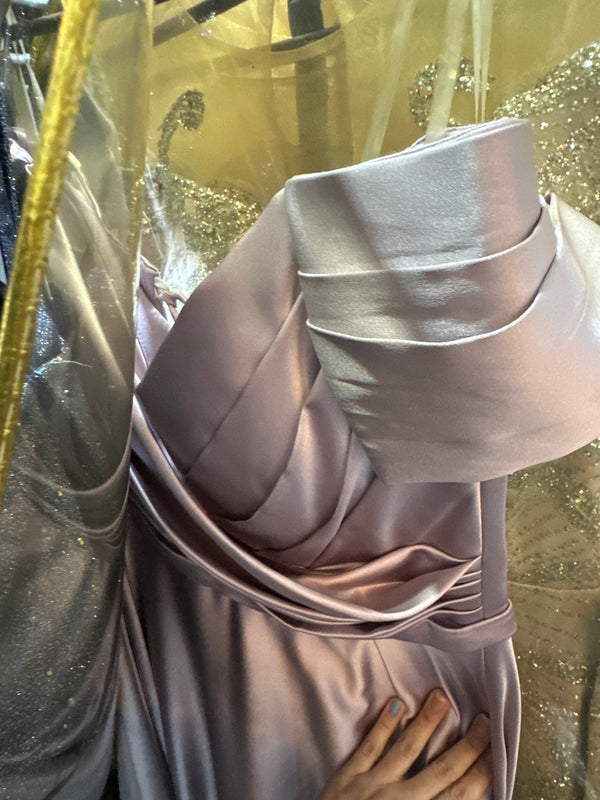 Lavender Dream: Light Lavender Satin A-line Dress with Off-shoulder