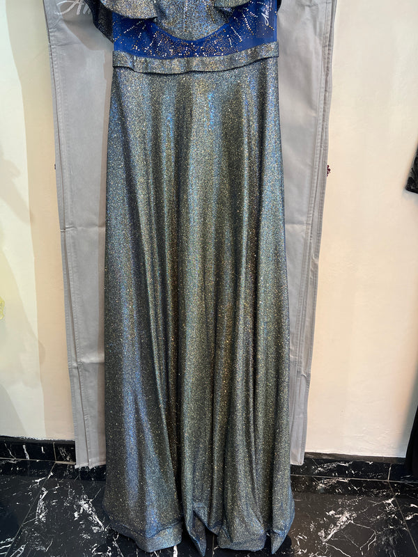 Enchanting Azure Shimmer: V-Neck Dress with Iridescent Blue Sparkle Ruffles