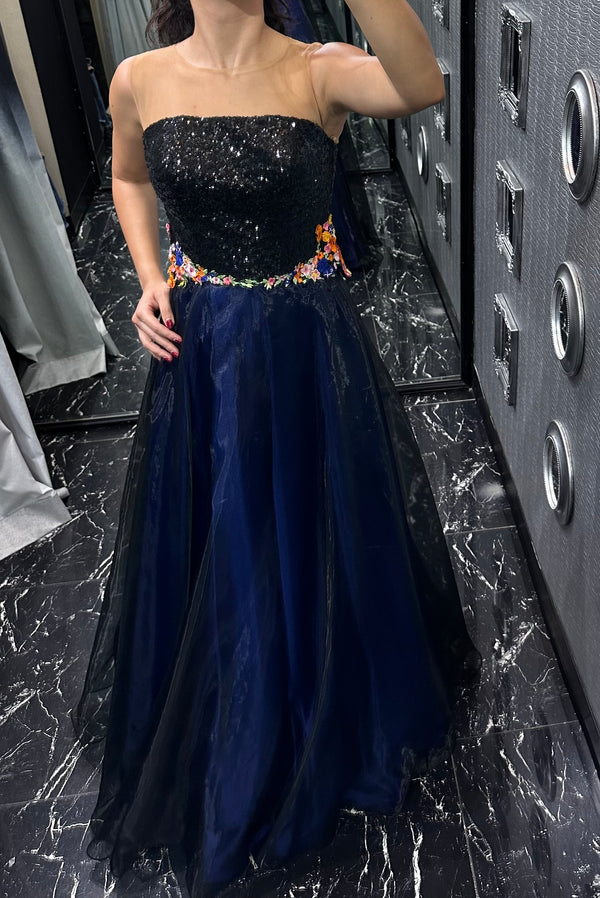 Midnight Blossom: A Closed Neck A-Line Dress with Black Sequins and Colorful Waist Flowers