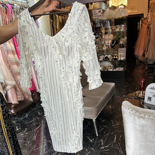 Flower Power: White Knee-Length Dress with 3D Flowers